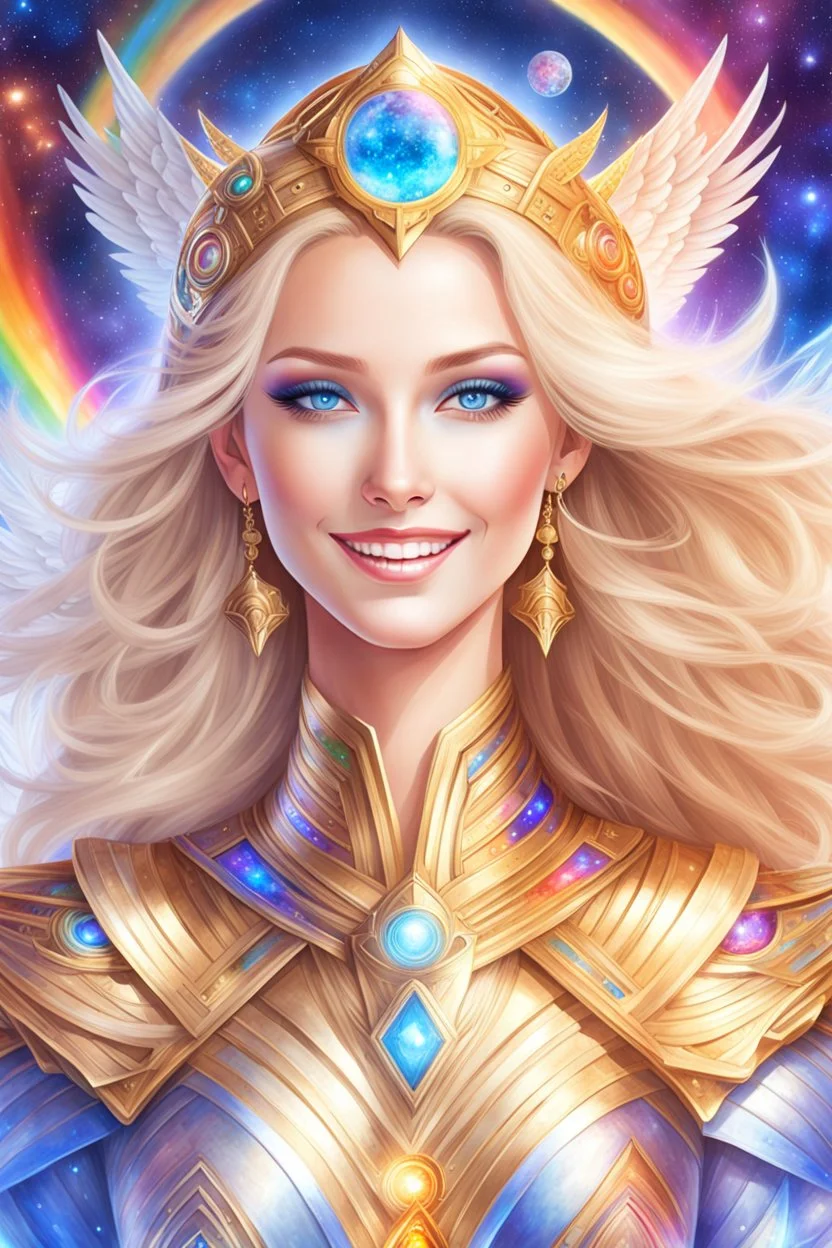 cosmic woman angels smile,admiral ufo high commander from the future, one fine whole face, crystalline skin, expressive blue eyes,rainbow, smiling lips, very nice smile, costume rainbow pleiadian, Beautiful tall woman pleiadian Galactic commander, ship, perfect datailed golden galactic suit, high rank, long blond hair, hand whit five perfect detailed finger, amazing big blue eyes, smilling mouth, high drfinition lips, cosmic happiness, bright colors rainbow, blue, pink, gold, jewels, realist,8k