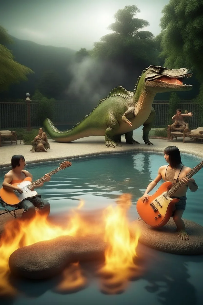 Dinosaurier,feuer und rauch und swimingpool and play gitare