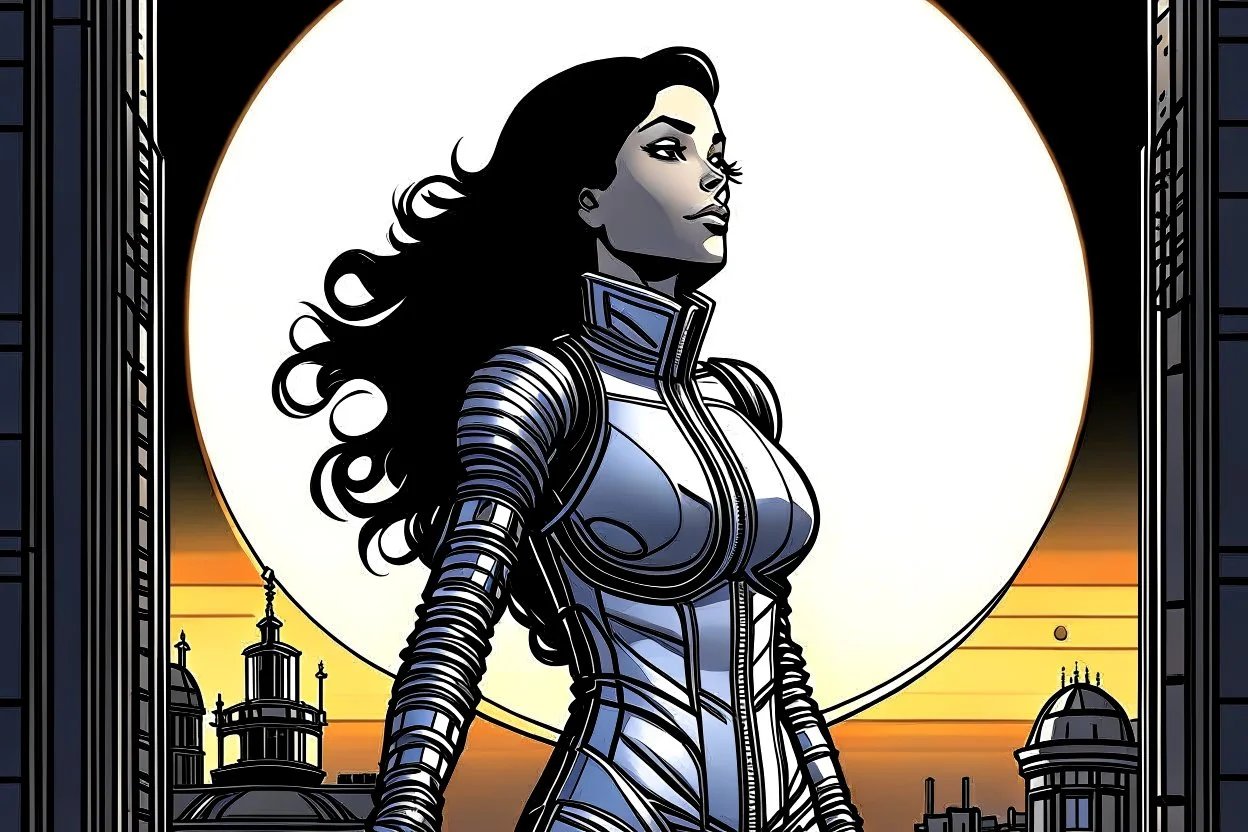 A slim Woman With Black shoulder length hair, Wearing a silver and black space suit, with no helmet, standing sot the right, sideways on a ledge of a building, with a moon Behind Her Head, towering spires and buildings highlighted by the setting sun