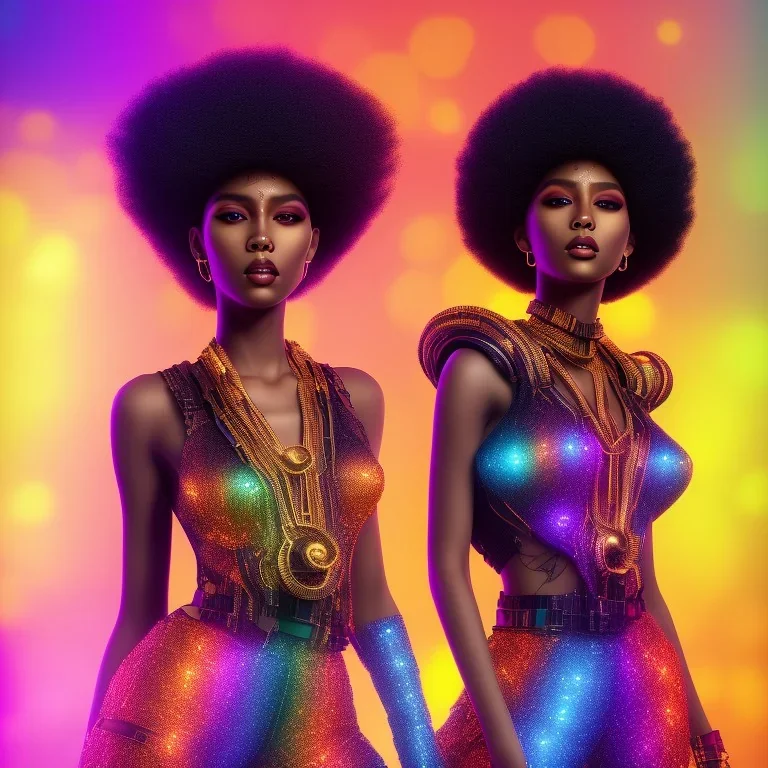 full body shot, masterpiece, best quality, family of three, black skinned, sparkling eyes, fluorescent skin, colorful makeup, afro, highly detailed body, afrofuturism, scifi, sun light, 4K, RAW, depth of field, high contrast, realistic details, 24mm