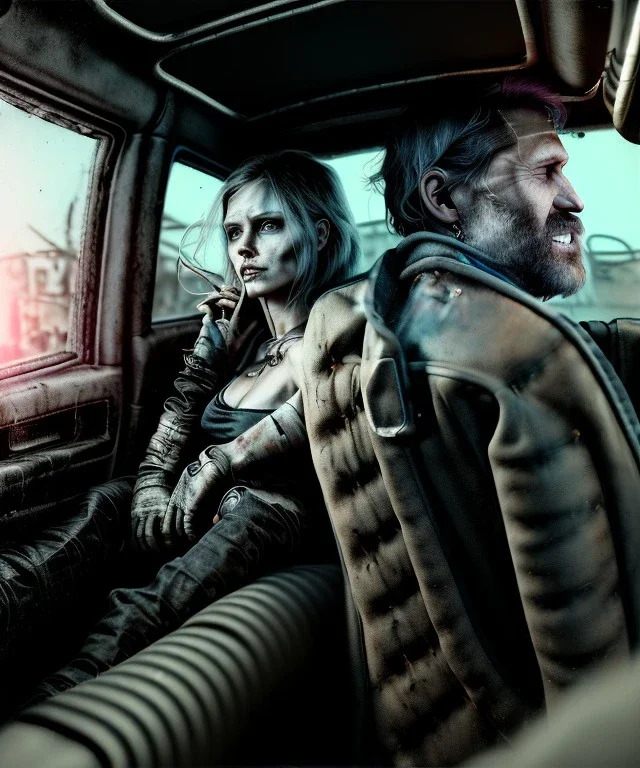 Ultra realistic back seat of limousine image, wide angle view, homeless men and woman, mad max style, grunge clothing, hair, smoke, smile, happy, soft color, highly detailed, unreal engine 5, ray tracing, RTX, lumen lighting, ultra detail, volumetric lighting, 3d, finely drawn, high definition, high resolution.