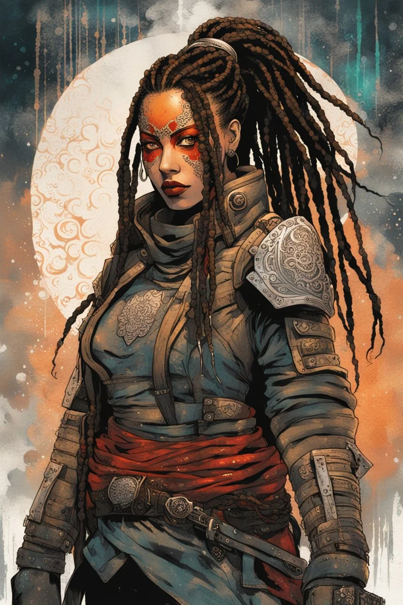 front facing full length portrait illustration of a grunge armored female , beaded dreadlock hair, cyberpunk vampire mercenary wearing an ornate kitsune noh mask , and shemagh, highly detailed with gritty post apocalyptic textures, caught in a cosmic maelstrom of swirling gases , finely detailed facial features and hair, in the graphic novel style of Bill Sienkiewicz, and Jean Giraud Moebius, ink wash and watercolor with realistic light and shadow