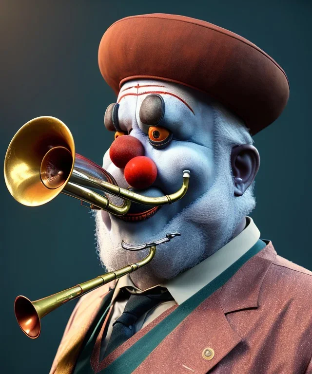 mechanoid old friendly fat clown with trimmed beard playing jazz with a steampunk theme, trumpet, realistic