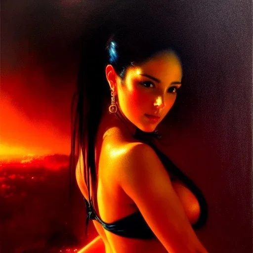 Drawing of beautiful face,'beautiful booty,beautiful fit busty woman',intense stare, ,painting by gaston bussiere, greg rutkowski, yoji shinkawa, yoshitaka amano, tsutomu nihei, donato giancola, tim hildebrandt Oil on canvas, cinematic composition, extreme detail,fit full head inside picture,16k