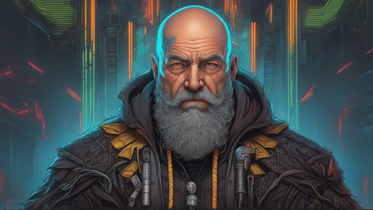 Old man, big beard, Bald hair, in cyberpunk drawing, venom model , neon, intricate details, highly detailed, high details, detailed portrait, masterpiece,ultra detailed, ultra quality