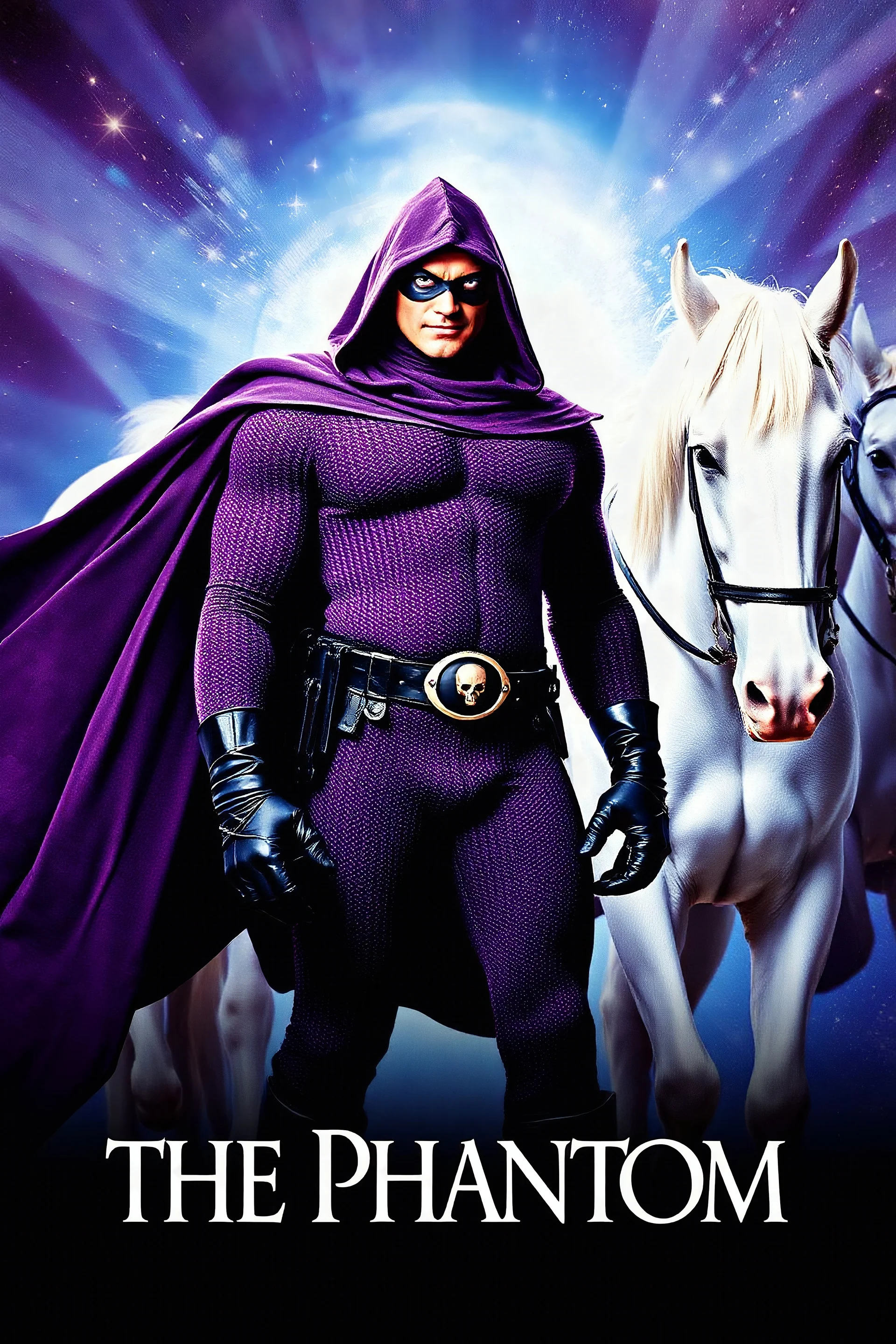 Movie Poster - ((("THE PHANTOM"))), extremely thick, muscular, 6'6'' 18-year-old Billy Zane with extremely exaggerated muscles as the Phantom, long-sleeved, textured, padded purple cotton bodysuit with skintight, formfitting textured purple cotton cowl with ((black eye mask)) and widow peak, black gloves and wrist gauntlets, black boots, double holstered utility belt, skull-shaped belt buckle, glowing, white eyes, standing next to his white horses, captured in a breath-taking explosion of color,