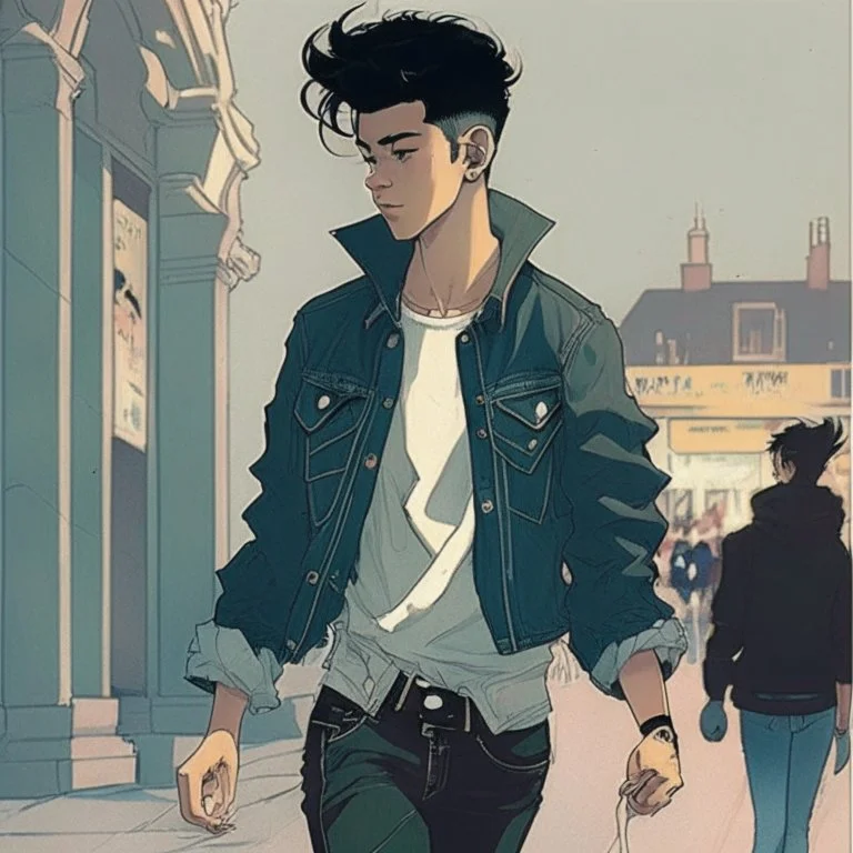 Teen man, black hair, perfect face, style of tomer hanuka, jeans, pompadour.