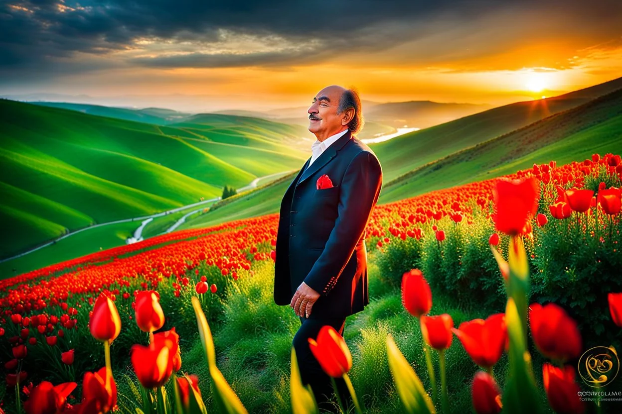 صحنه ای شاعرانه و نوستالژیک از رشید بهبودوف، خواننده افسانه ای آذربایجان، که با حالتی عاشقانه و ایستاده در حال اجرای ترانه محلی "لاله لر" است. او در دامنه کوهی سرسبز و پر از گل های وحشی و فرشی از لاله های سرخ رنگ ایستاده است. یک رودخانه زلال در نزدیکی او جریان دارد. نور طلایی غروب خورشید صحنه را گرم کرده است. سبک عکاسی رئال، کیفیت فوق العاده بالا، جزئیات دقیق در چهره و طبیعت.