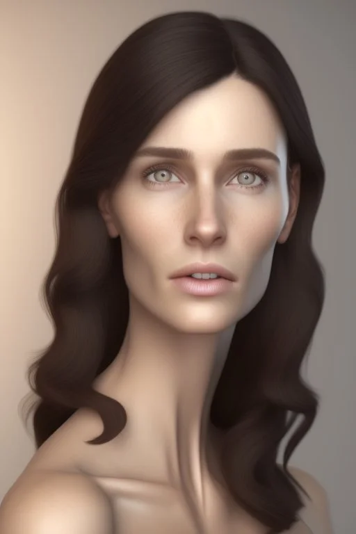 realistic, (39yr old female)without makeup, Caucasian beautiful face, angled head position, dark hair, studio lighting, cinematic light, beautiful woman, milk beige middle hair, perfect anatomy, on white background, 8k Resolution, highly detailed, non-symmetrical body a, detailed hairstyles and skin texture