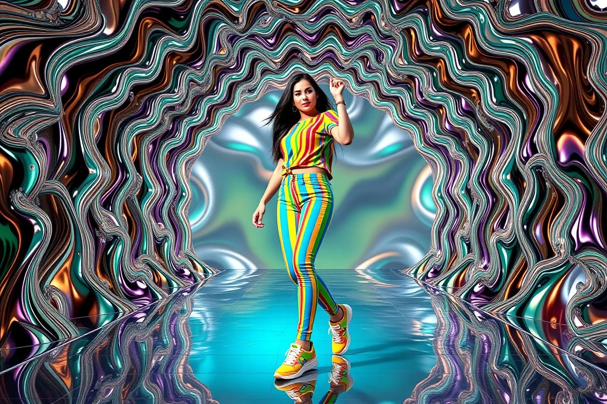 beautiful lady with todays modern clothing and sport shoes, in surreal stage made of 3d fractal random size recursive objects with helical strip colors in clothing similar to environment full body dancing to camera,animating background metallic random color and size recursive objects