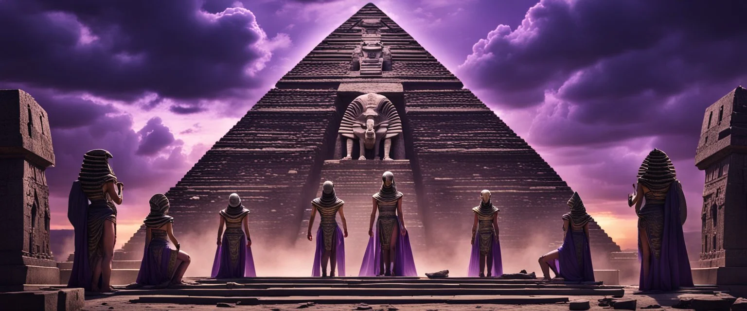 Hyper Realistic Beautiful-Alien-Cleopatra standing her prehistoric-pyramid with her alien-prehistoric-guards in-perfect-symmetrical-order & ancient ruins behind them with purple-cloudy-sky at dark-heavy-rainy-night giving dramatic & cinematic ambiance