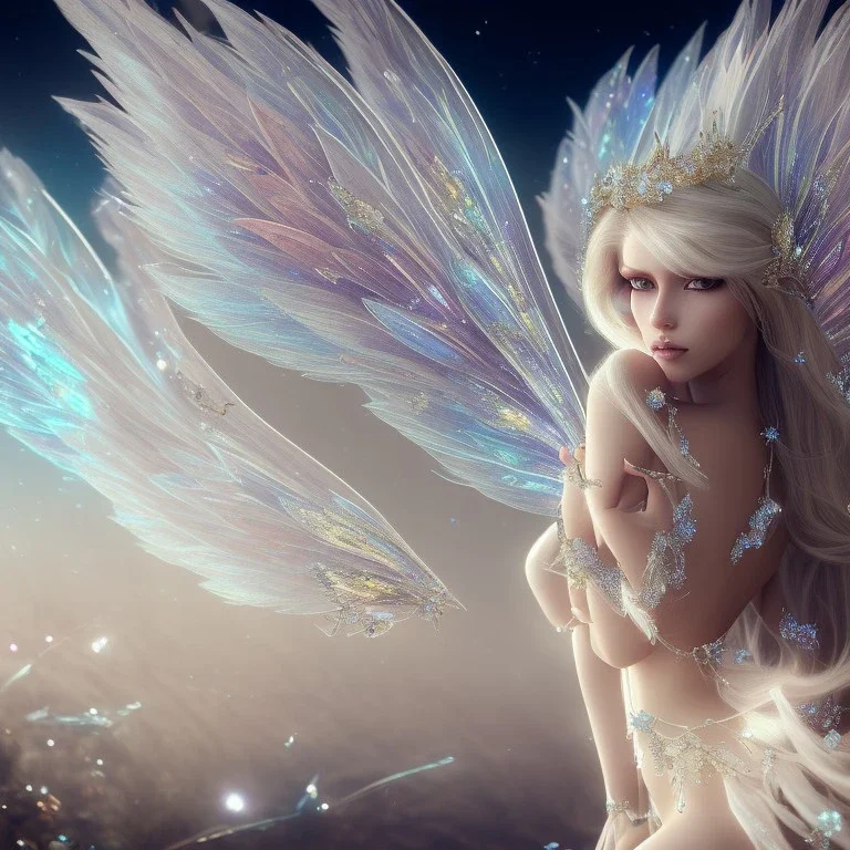 beautiful blonde fairy in a galactic ambiance, transparent wings, delicate colors, finely tuned detail, ultra high definition, 8 k, unreal engine 5, ultra sharp focus