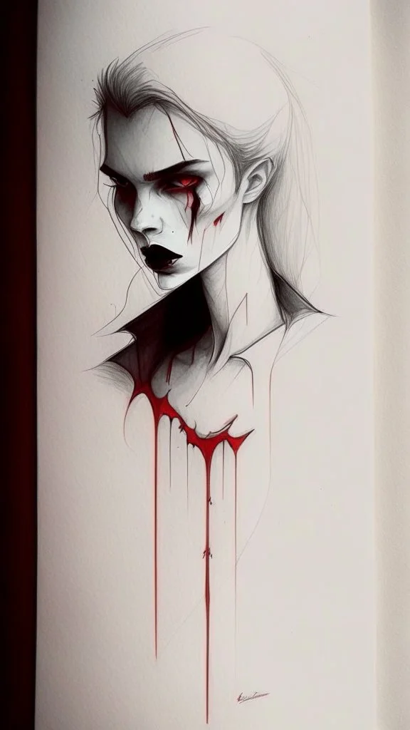 vampire drawing, minimalistic style, natural colors, blood, graphite pencils