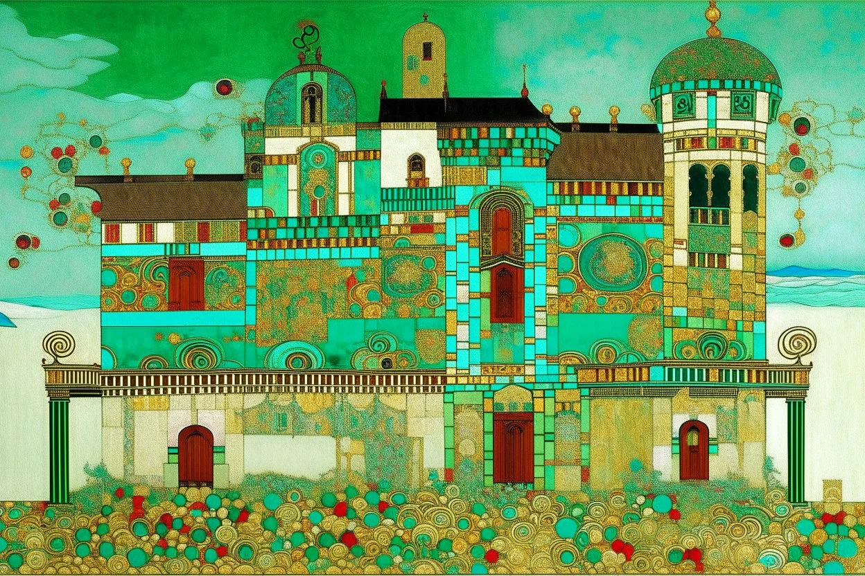 A mint colored fortress in a tempest designed in German folk art painted by Gustav Klimt