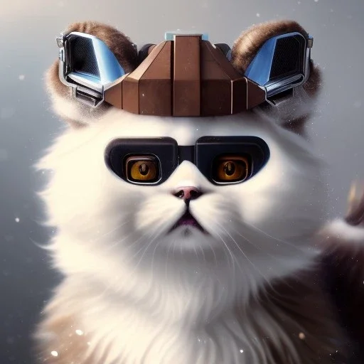 Cyberpunk Portrait of cyborg Persian cat child with brown hair and with cute face, north pole snowy vibe , perfect composition, hyperrealistic, super detailed, 8k, high quality, trending art, trending on artstation, sharp focus, studio photo, intricate details, highly detailed, by greg rutkowski