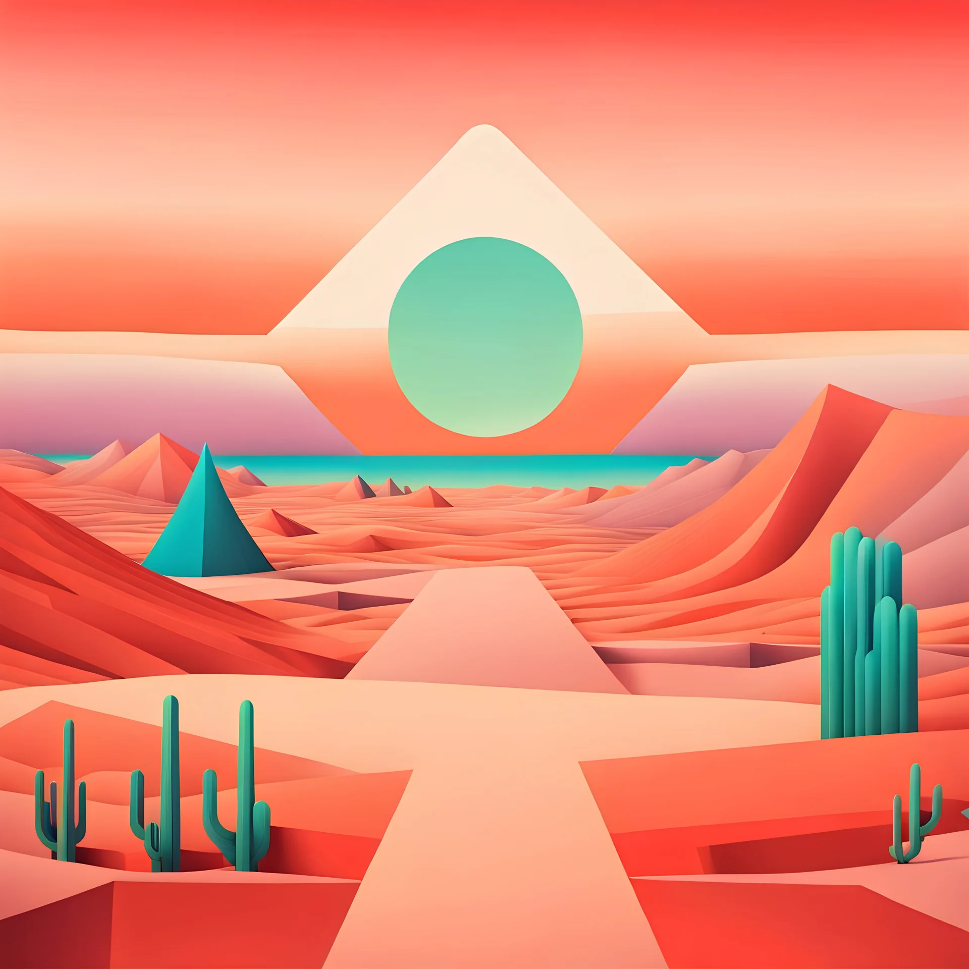 Surreal geometric in a desert, colors, strong