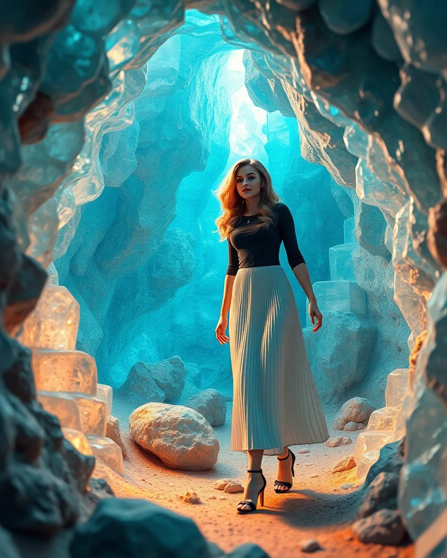 make a picture pretty cave made of crystal diamond 3d fractal recursive cubic and sphere base structures and a beautiful fashion model lady with cute,with dark cyan decholte top and pretty pleated midi skirt,siver,curvy long hair she walks in cave ,dynamic camera zoom to full body and fallow her inside cave dynamic lights.