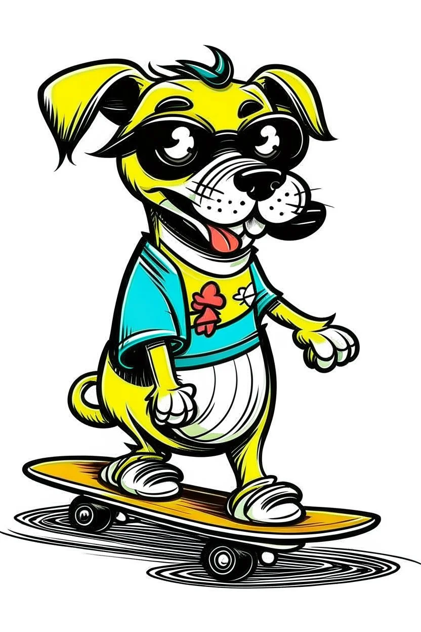 A cartoon DOG with a handlebar mustache and a skateboard tucked under its fin. Style: Retro Comic Book, Mood: Playful and Energetic, Lighting: Flat, bold colors, T-shirt design graphic, vector, contour, white background.