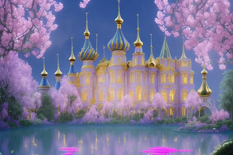 a magical crystal flower lys bougainvillier fuksia blue gold house russian palace castle in the woods, magnolias pink,blue lake,sun,white swanns,pink vertical, blue lake,sharp, vines, candlelit, endor, ornate, elegant, highly detailed, artstation, concept art, smooth, sharp focus, illustration, 8k, splash art, wallpaper, key visual