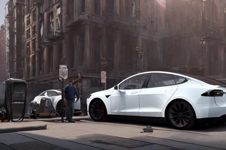 A Tesla 'Model Y' is parked, near the 'Pier 11' in Manhattan. (CINEMATIC, WIDE ANGLE LENS, PHOTO REAL)