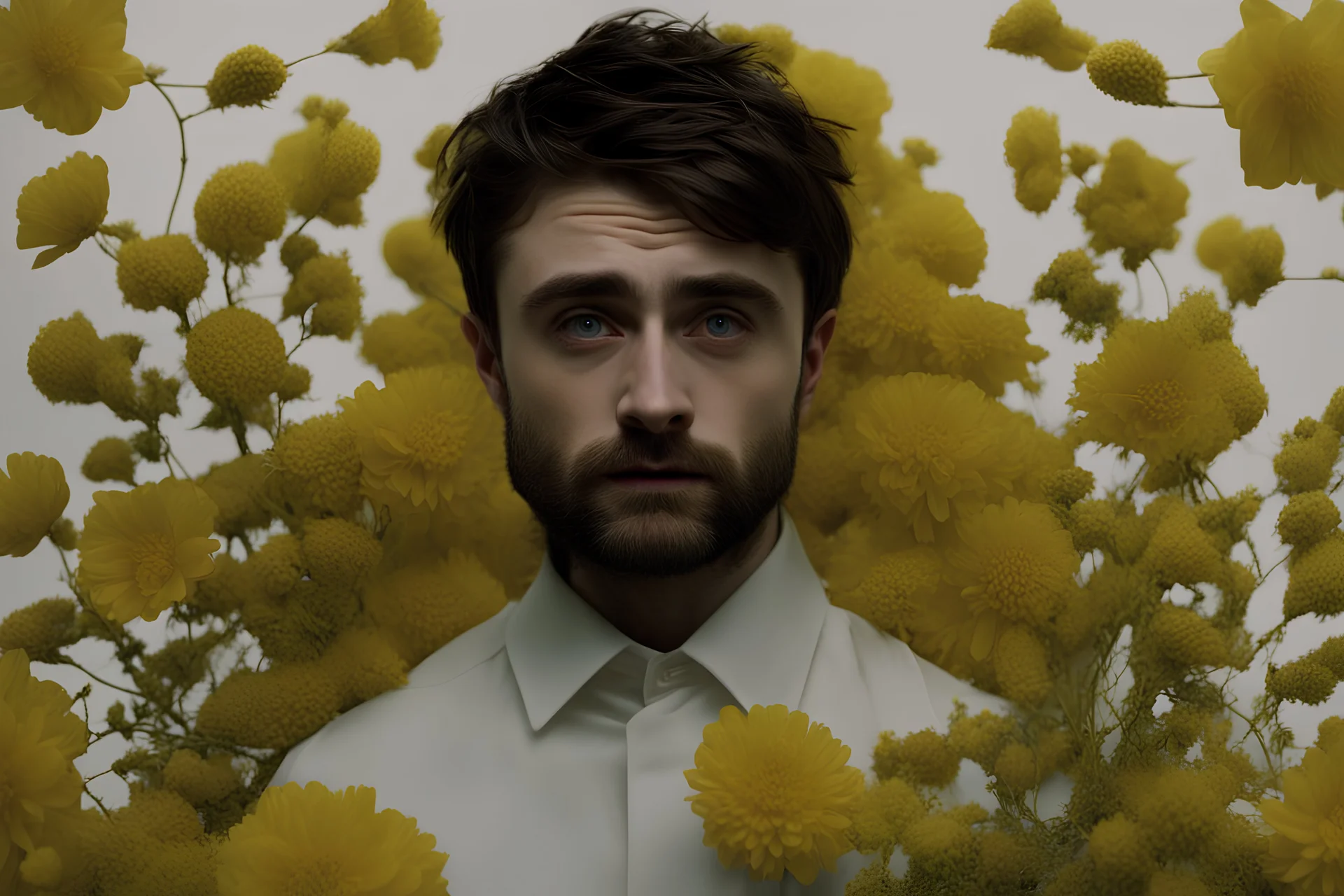 Techwitch, male beard Daniel Radcliffe, spellbinding closeup face portrait, minimalist, celestial tranquility, in the style of avant garde fashion photography, dramatic light, striking yellow, harmonious composition, conceptual fantasy, intricate details, secret garden flowers, Jeff Wall, Marta Bevacqua