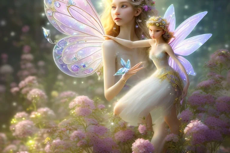 one very little beautiful fairy on a big crystal subtle flower in a galactic ambiance, transparent petals, delicate colors, in the foreground, full of details, smooth, bright sunshine，soft light atmosphere, light effect，vaporwave colorful, concept art, smooth, extremely sharp detail, finely tuned detail, ultra high definition, 8 k, unreal engine 5, ultra sharp focus