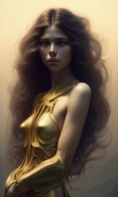  beautiful, long hair, wavy hair, curly hair، black eyes, head and shoulders portrait, cinematic, 8k, resolution concept art portrait by Greg Rutkowski, Artgerm, WLOP, Alphonse Mucha dynamic lighting hyperdetailed intricately detailed,jewelry ,golden hour,snake goddess