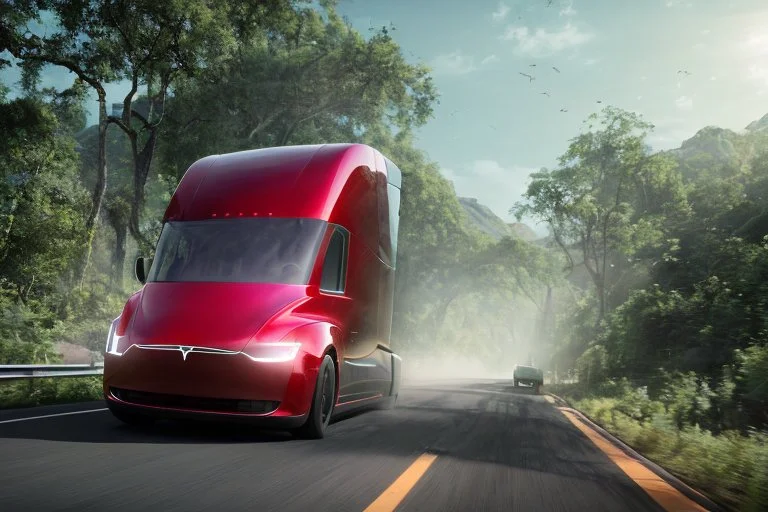 A Tesla semi-truck is racing at top speed, on the 'Jurassic Park' island. CINEMATIC. WIDE ANGLE LENS. PHOTO REAL.
