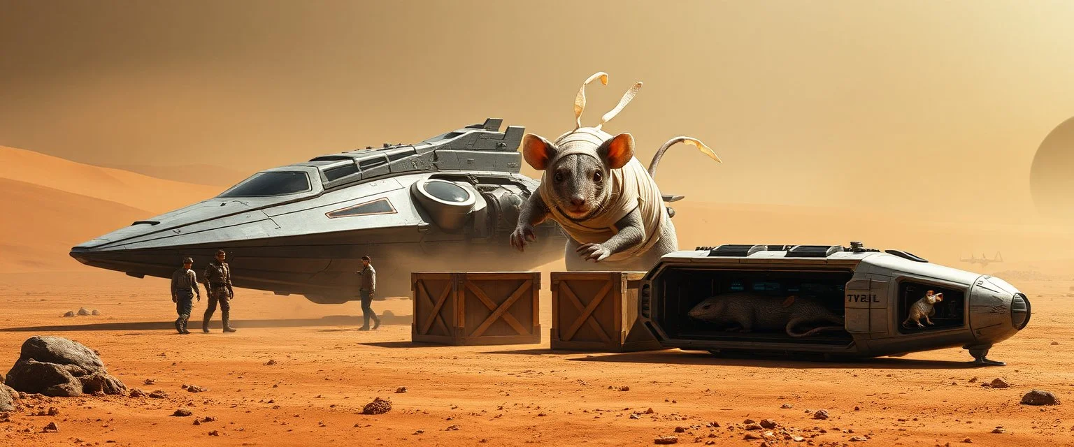 7️⃣ Planet Arrival "Two futuristic spaceships on a dusty alien plain. Giant mummy rat scampers behind crates, eyes intelligent and cautious, bandages fluttering in wind. Crew exits, interacting with alien fauna. Stasis rat pod visible in transport module nearby. Dramatic lighting, realistic textures, mood cautious curiosity."