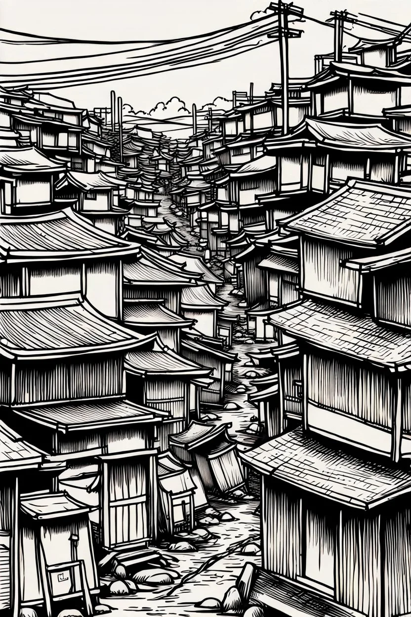 Japanese shanty town, greyscale, thin line arts, manga style