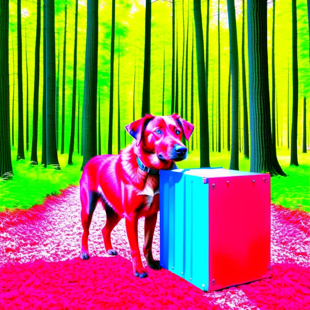 Generate a red dog in a forest background with blue coolers