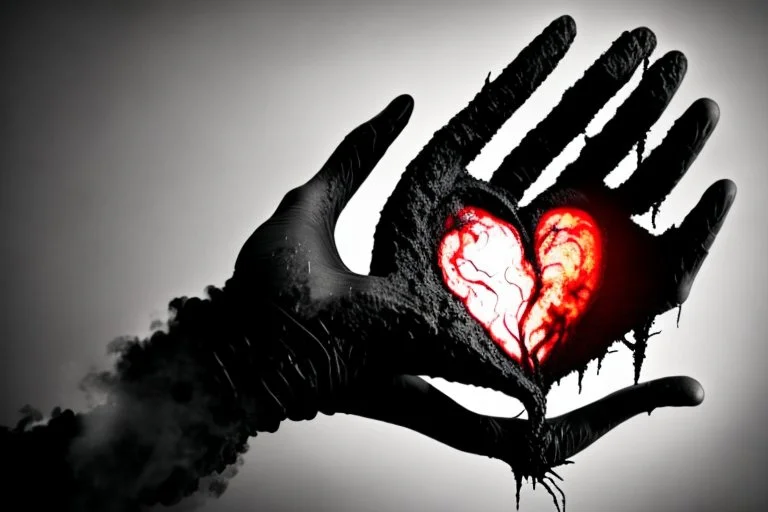 A black hand made out of black smoke violently crushing a human heart