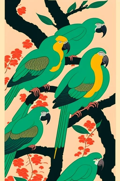  a group of parrots that are on top of each other, a poster by Nōami, ukiyo-e, anime aesthetic, minimalist.