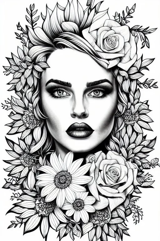 hyper detailed, black and white, thick line, coloring book illustration, lineart, stunningly beautiful woman in flowers