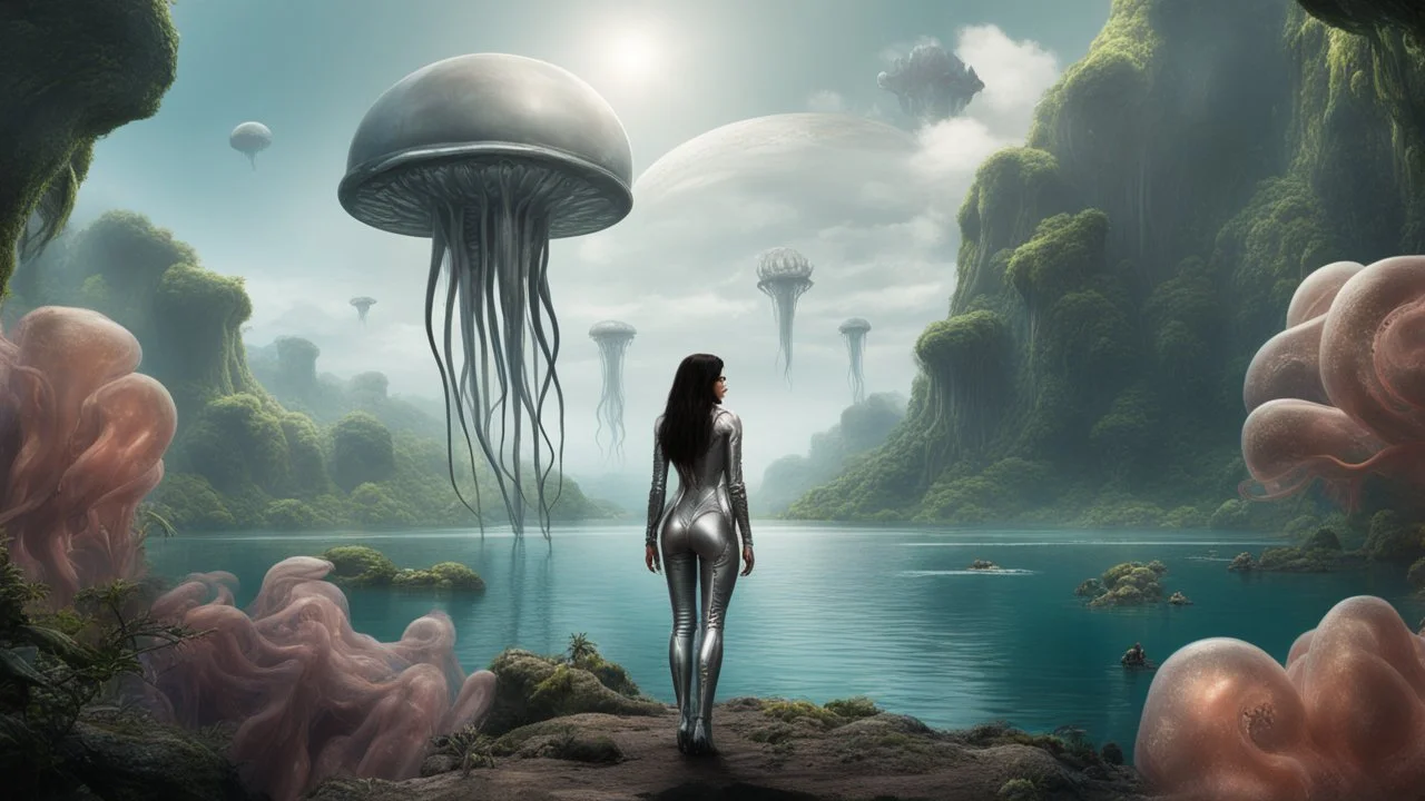 Detailed matte painting of a wide-angle shot of a woman, standing on the left side of the shot, with dark hair in a silver robotic catsuit, many large floating jellyfish with octopus tentacles, alien jungle trees in the distance, with an alien beach and lake