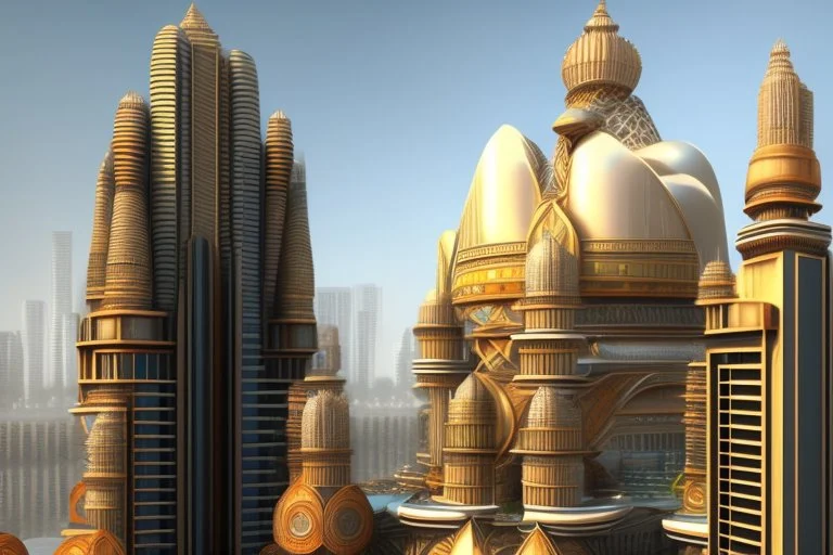 Grand scale Indian city, modern futuristic, inspired by hindu Architecture, show skyline, entire city, modernized glass structures with hint of hindu Architecture desgins. Glass buildings