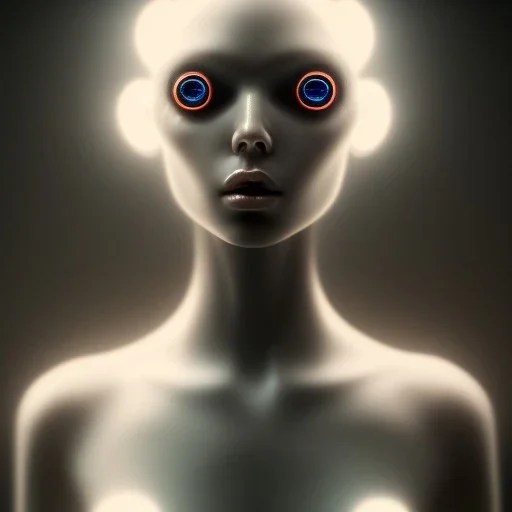 A lightly-tanned!!!!! mannequin-esque figure with white-glowing!!!!! eyes, in a dark!!!!! room, staring!!!!! into the camera, creepy atmosphere, eerie art style, photorealistic!!!!! facial features, close-up!!!!!, macro image!!!!!, trending on artstation, 4k, 8k