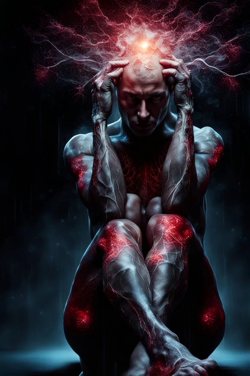 a photorealistic 12k ultra definition of a beautiful man, he is captured in a mysterious stretching pose with face slightly hidden, his full body exposed to reveal cancer cells. it grows on his skin roots and cells,,dark and mysterious lighting in background , epic, gothic photography , explosive and chaotic background, splatter paint