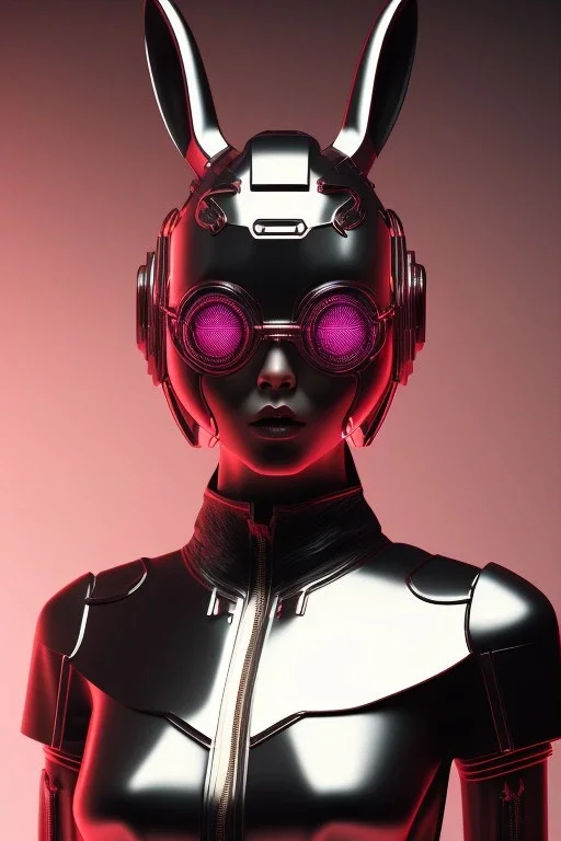 MCU Portrait, Front image, cyberpunk Asian woman rabbit mask, black pink color, latex dress, highly detailed, concept art, smooth, unreal engine 5, god rays, ray tracing, RTX, lumen lighting, ultra detail, volumetric lighting, 3d, finely drawn, high definition, high resolution.