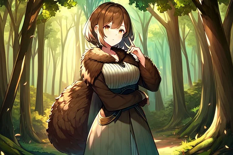 Girl, brown fur on hand, forest,