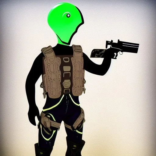 Alien, snake, metaljellyfishsombrero, vest, hands, holding gun, holster, steel military boots, squishy, chest plate, desert