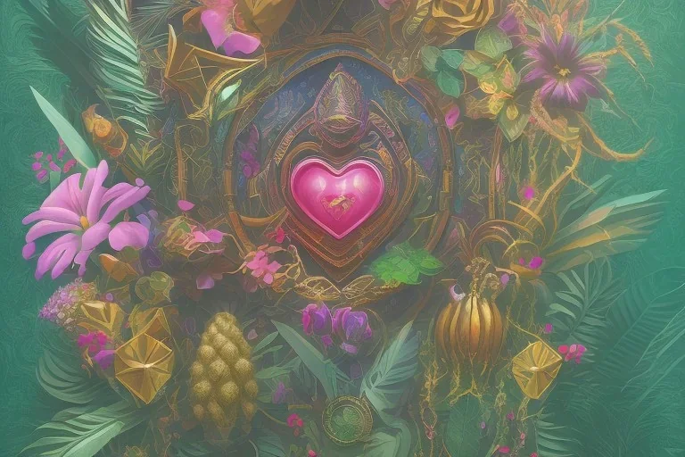 love, high contrast, Tropical flowers,heart drawing, crystals, tropical leaves, sacred altar, Fantasy temple,