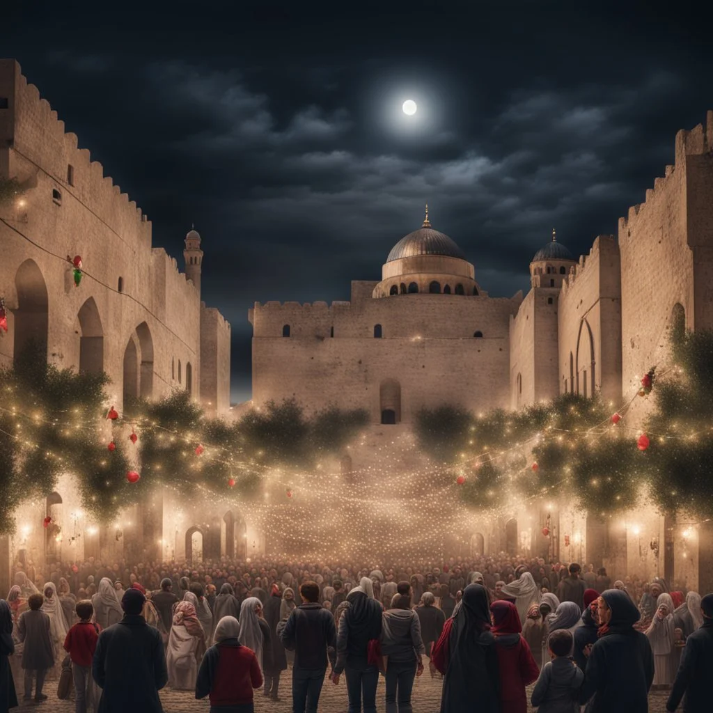 Hyper Realistic lots of people & children celebrating in the streets of Palestine with Al-Aqsa mosque from far at night with garland lights & decorations