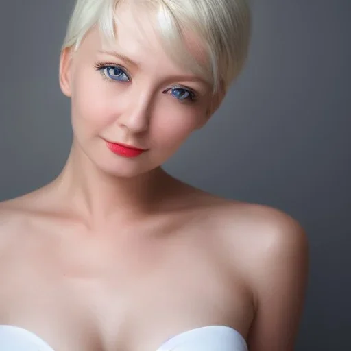 Pretty face of a woman,deep blue eyes, nice nose, pretty lip, simi smile, pointed ears, white skin, white simi gold hair,medium hair, nice neck, sexy soulder, looking in side view, sexy sando, medium breast size, half body portrait,