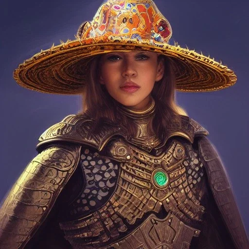 portrait,"Insanely detailed photograph of an armored mariachi warrior", highly intricate chainmail charo,colorful Sombrero,elegant cape, highly detailed D20, digital painting, artstation, concept art, smooth, sharp focus, illustration, art by artgerm and greg rutkowski and alphonse mucha, 8 k