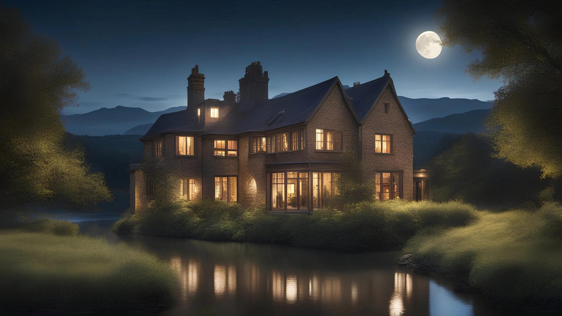 beautiful house, perfect architecture, style William Morris, rural environment, night, moon, stars, volumetric lighting, trees, river, distant mountains, award-winning photograph, photorealism, superb details, light and shade, beautiful composition, arts-and-crafts, attractive, peaceful, exquisite