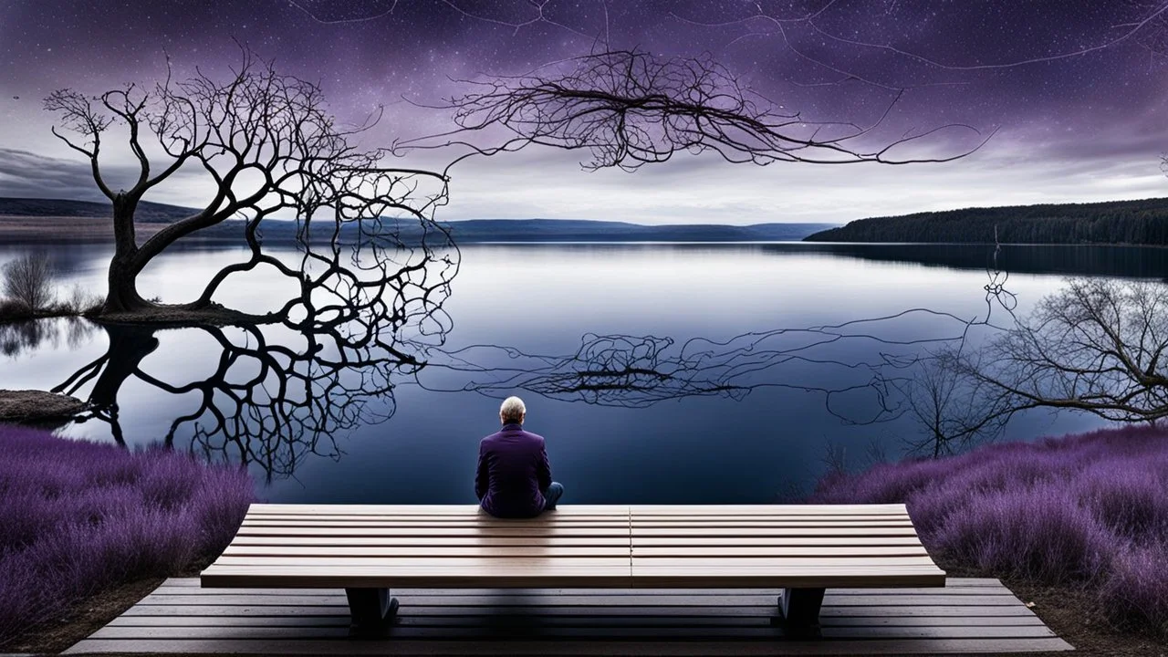 back to the camera on amorphe bench a non bynare human figure sitting, a beautiful landscape and overlooking the water of the nearby lake, calm, harmonious atmosphere, muted dark colors, purple, white, gray, brown, silver, blue, pale colors, , not too colorful colors, Whimsical style and giant stunning neuron network all over the sky surreal stunning vibe