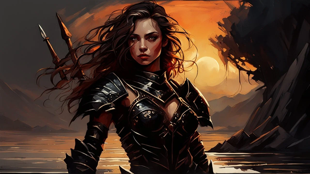 A formidable warrior girl in black armor, on the background Amazing gloomy landscape, flooded with sunset, mountains, trees, fabulous scary hero, , juicy emotions, painting, dark fantasy, gloomy day, dark world, portrait, by Leonid Afremov & Benedick Bana & Anna Razumovskaya & Brian Kesinger