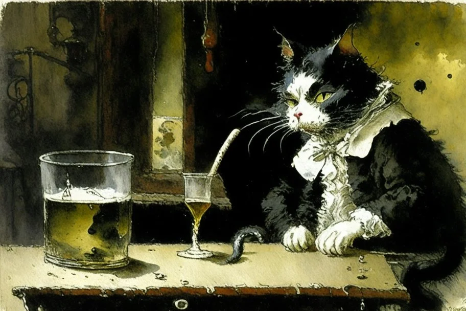 childrens book illustration, macskássy izolda, a frightened looking black and white cat with a cigarette in his mouth, a glass of whiskey in his hand, looking just at us in a smoky pub, van eyck, painted on rough canvas with exaggerated lines, sharp brushstrokes, dripping, plastic paint watercolor and ink, oil on canvas jean baptiste monge