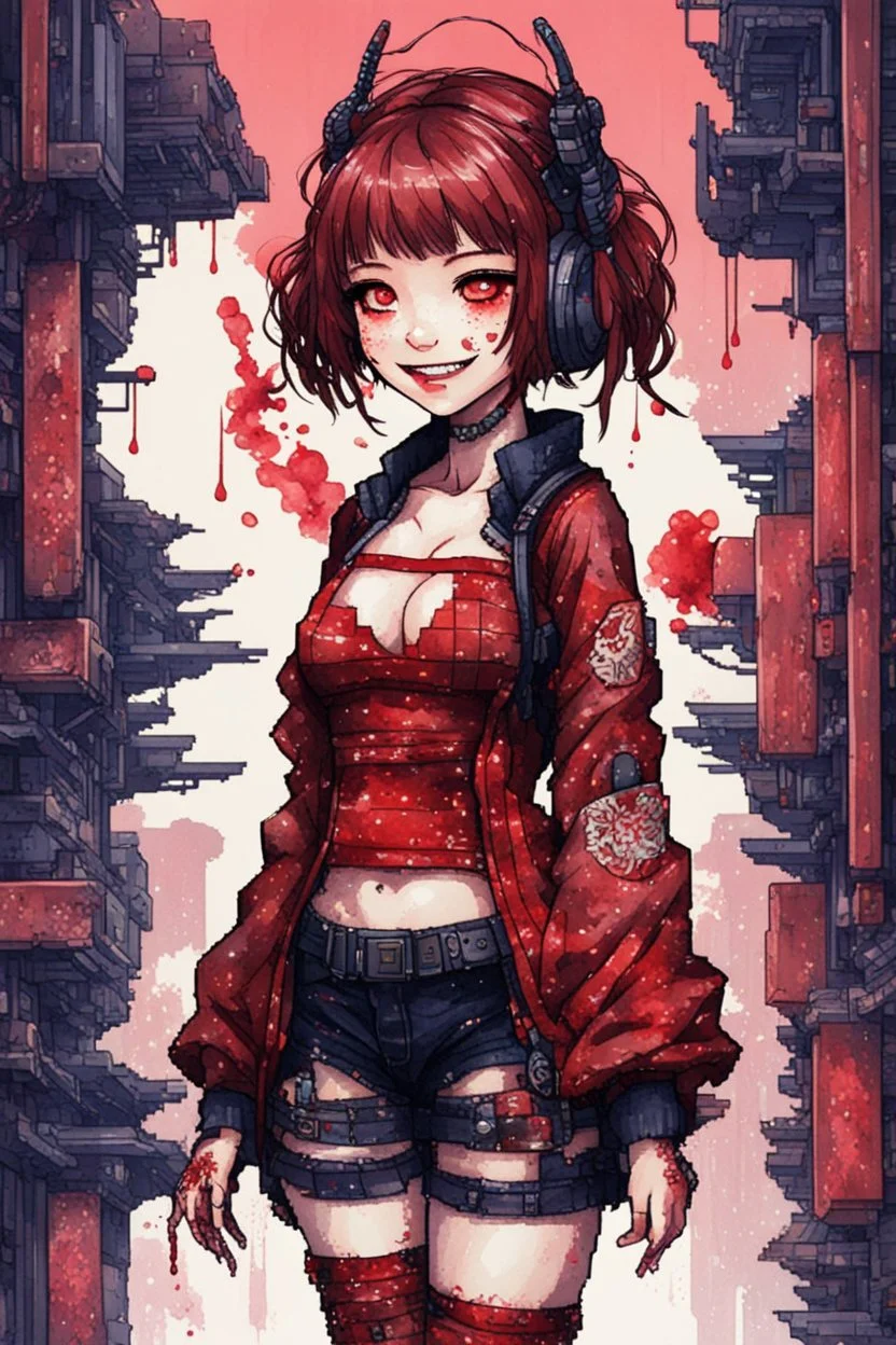 anormal, smile, blood, girl cute, full body, beautiful cyberpunk petit girl, hyperdetailed, behind made 8bits and Pixel Art, watercolor illustration by <Katsushika Hokusai>, darkred tones,